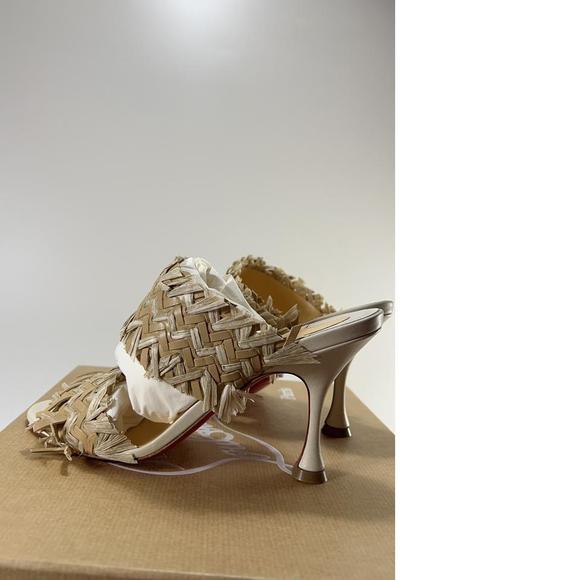 Meroine 85mm raffia Tan Woven fringe heels mules D984 - Picture 6 of 11